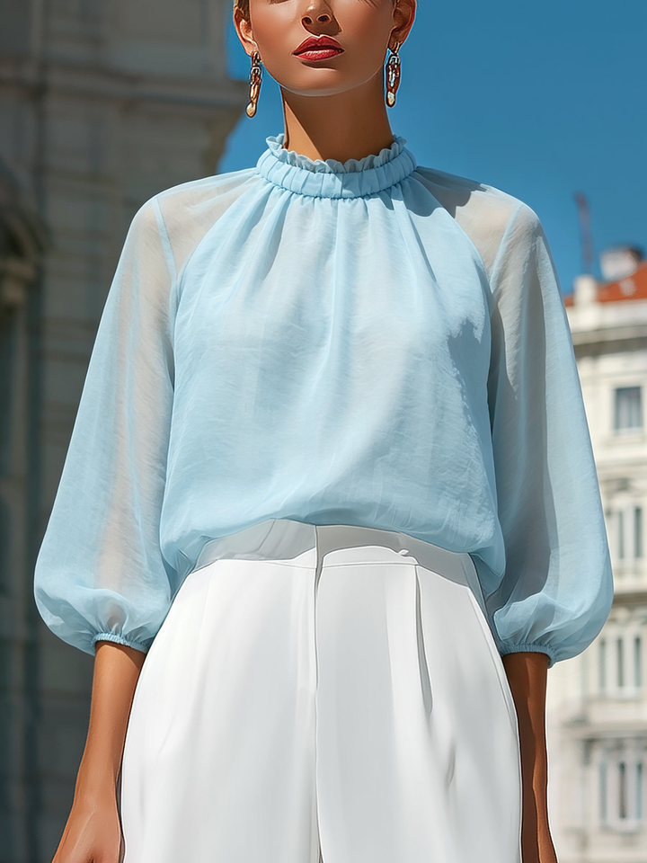Sheer Pleated High-Neck Blouson Sleeve Blouse