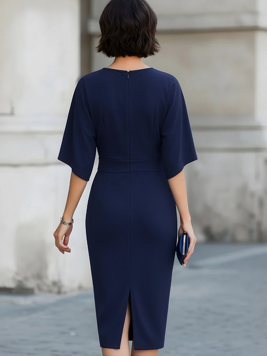 Elegant Navy Blue Batwing Sleeve Midi Sheath Dress
