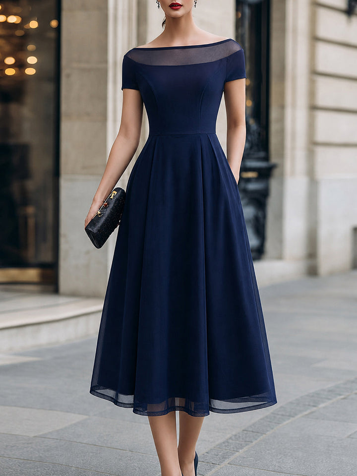 Off-Shoulder Illusion Mesh A-Line Midi Dress