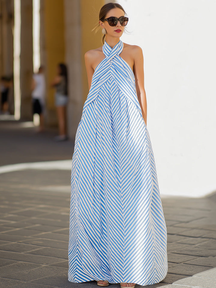 Nautical Stripe Halter Neck Maxi Dress