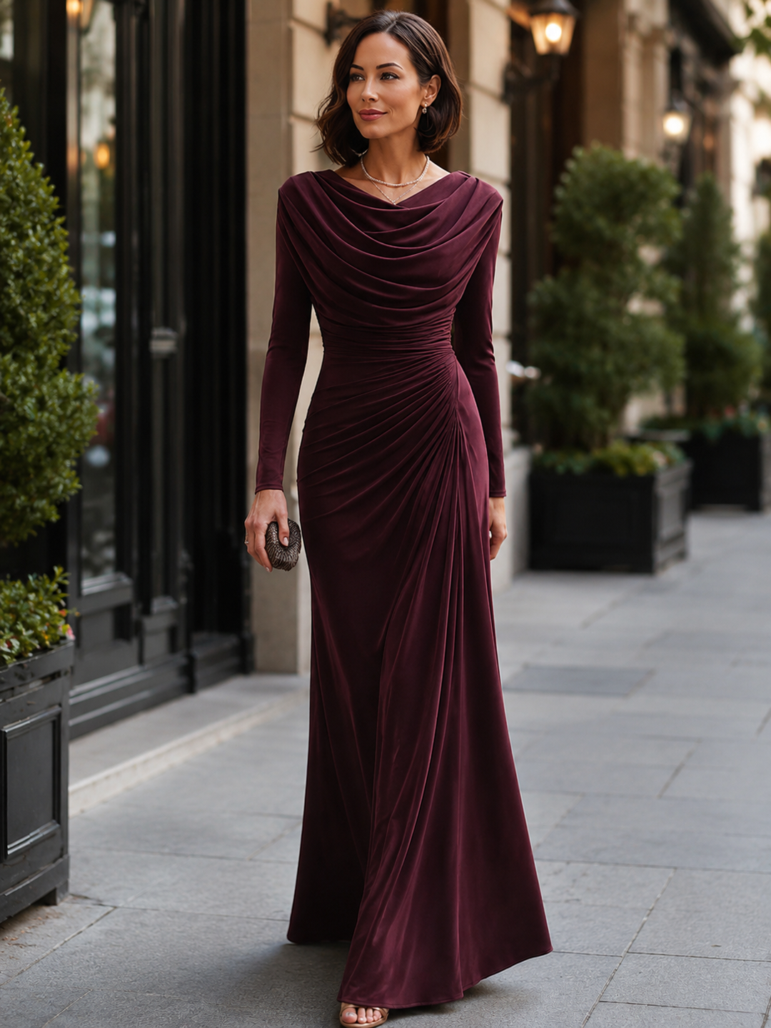 Draped Cowl Neck Ruched Maxi Dress