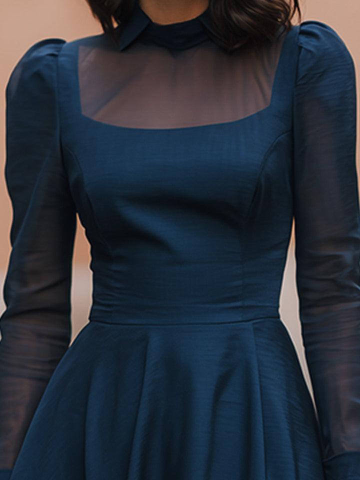 Navy Sheer-Yoke Long Sleeve A-Line Midi Dress