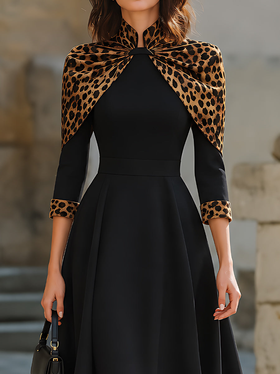 Leopard-Print Cape Detail A-Line Midi Dress