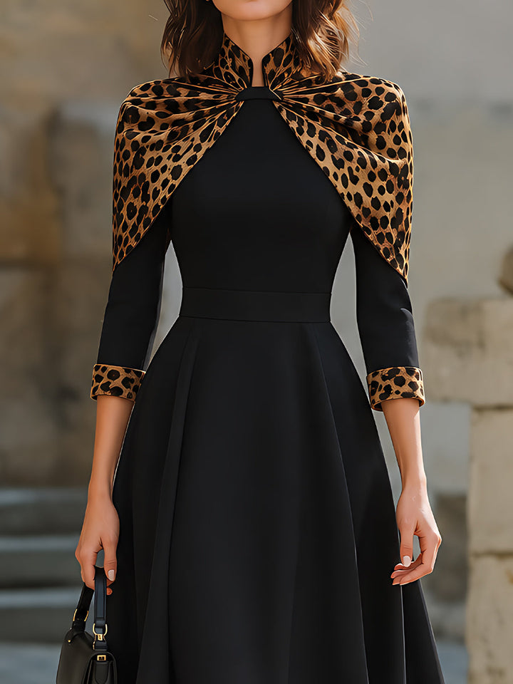 Leopard-Print Cape Detail A-Line Midi Dress