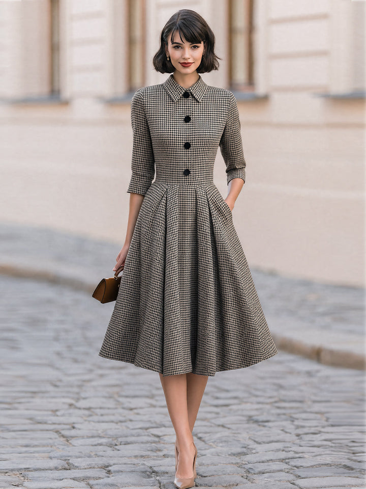 Houndstooth Collared 3/4 Sleeve Button Front A-Line Midi Dress