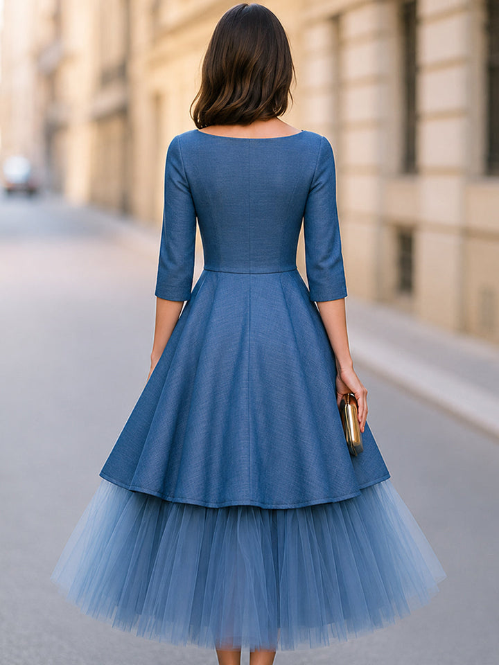 Tulle Hem Bateau Neck A-Line Midi Dress