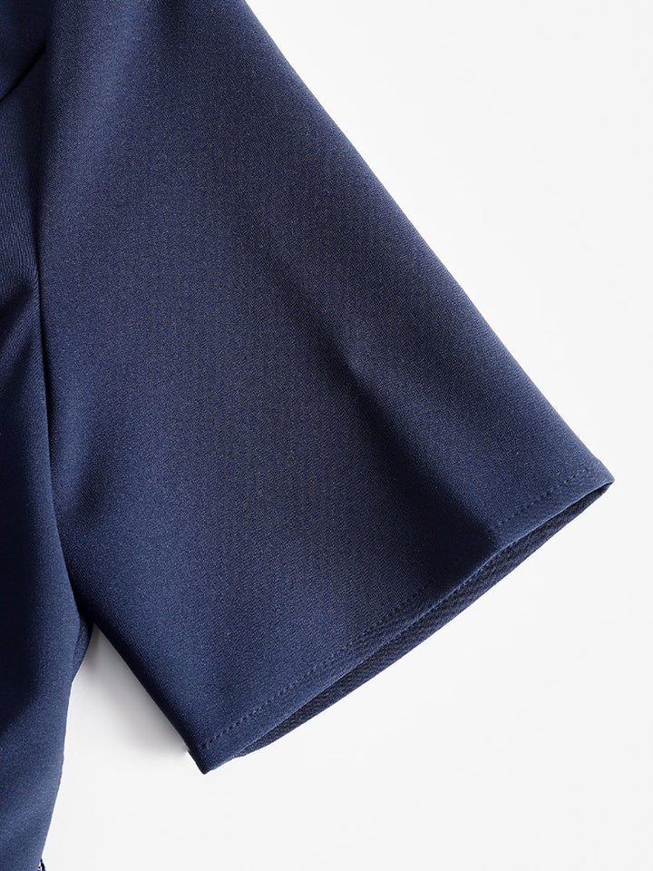 Navy Collared Zip-Front Pleated Mini Dress