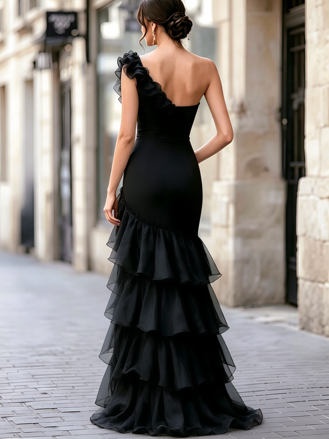 Black One-Shoulder Ruffled Evening Gown With Front Slit