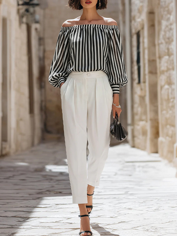Chic Off-the-Shoulder Striped Blouse & High-Waisted Tailored Trousers Set