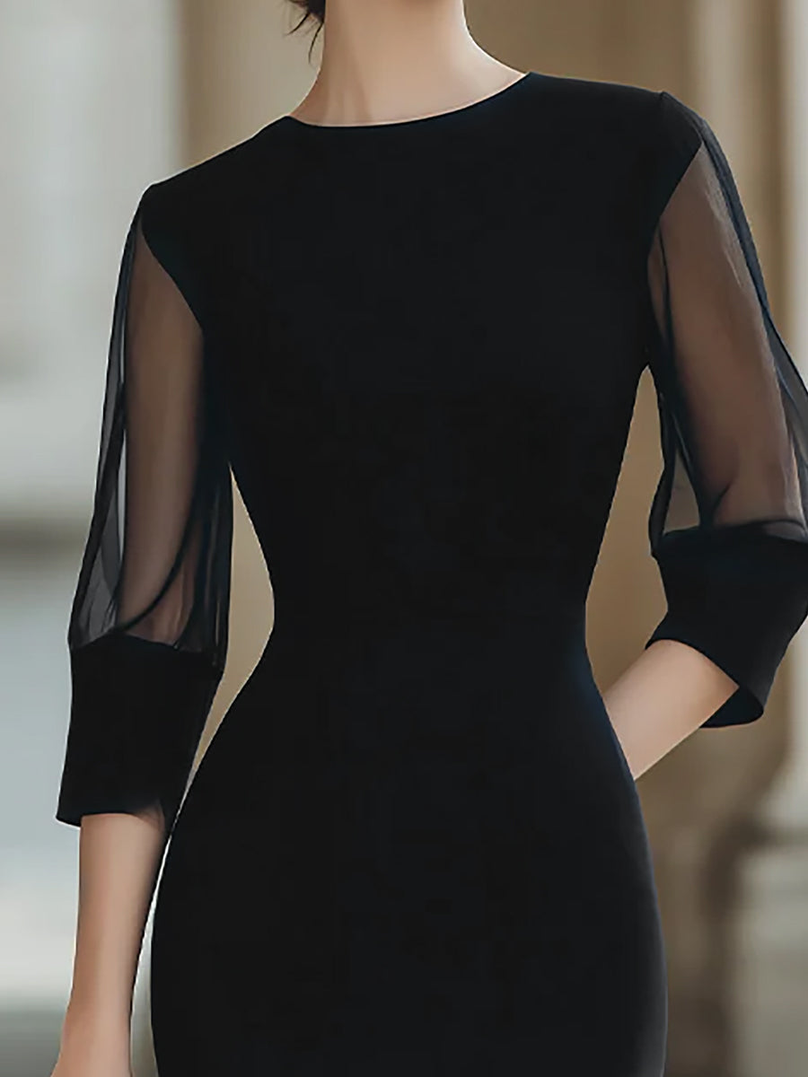 Sheer Sleeve Fitted Midi Dress