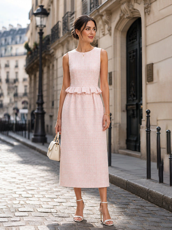 Elegant Pink Tweed Sleeveless Midi Dress
