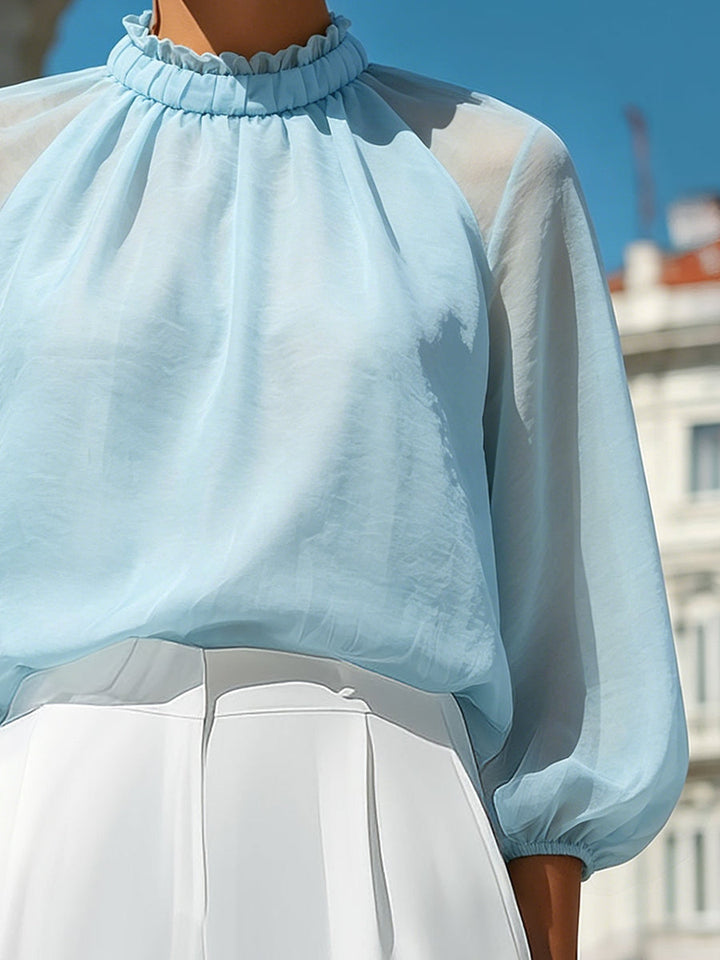 Sheer Pleated High-Neck Blouson Sleeve Blouse