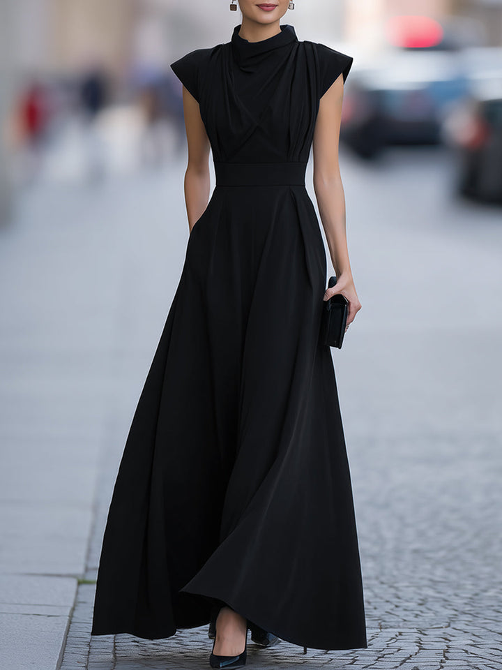 Draped Cap-Sleeve Maxi Dress With Defined Waist