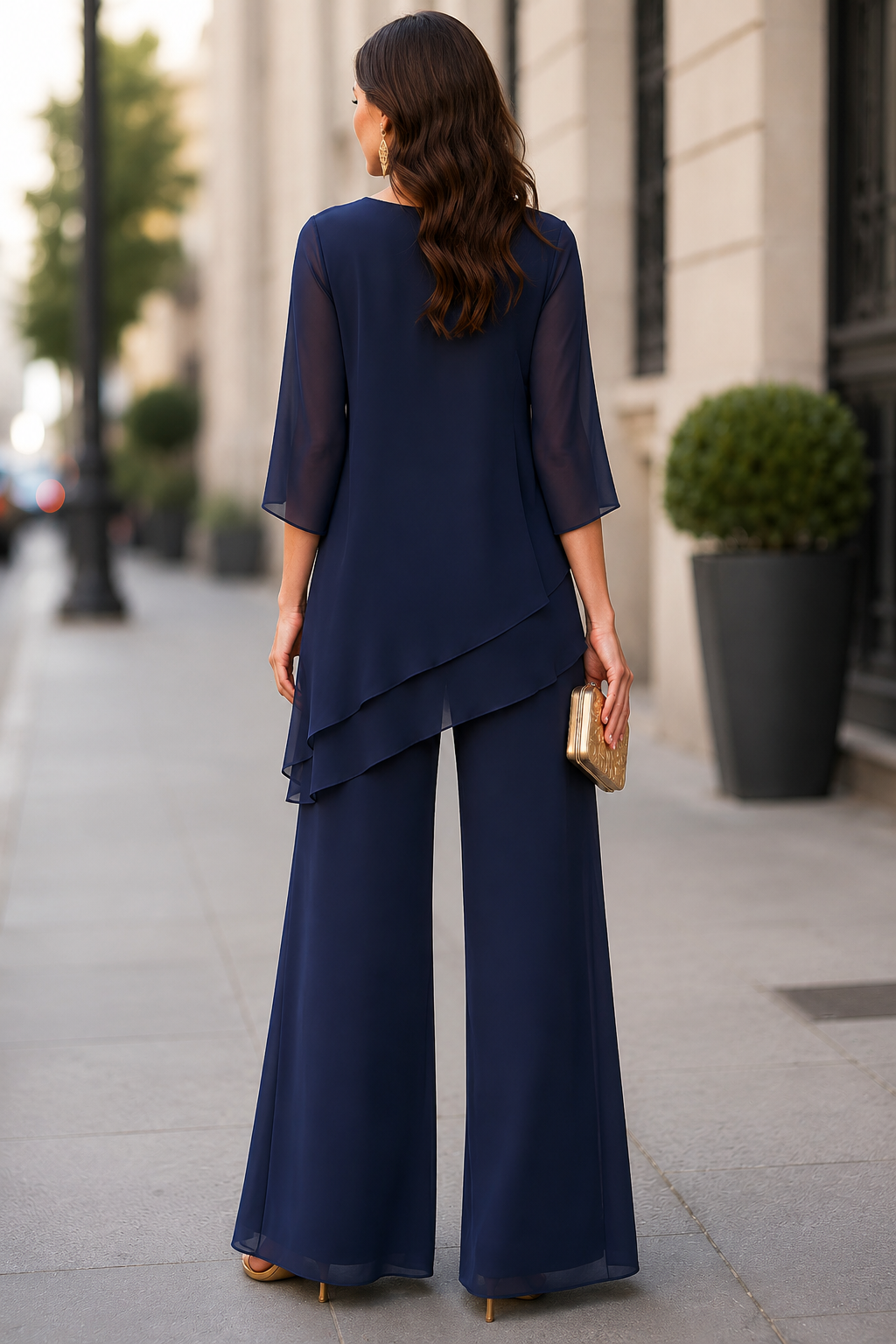 Asymmetric Layered Chiffon Tunic And Wide-Leg Pants Set