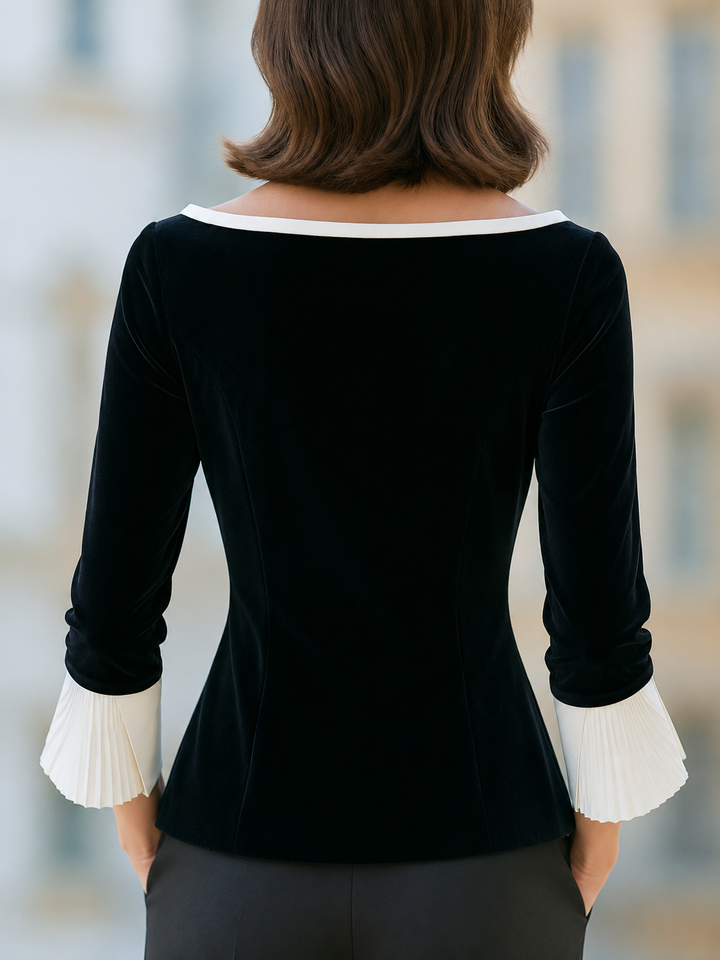 Black Velvet Contrast Cuff Boat Neck Blouse