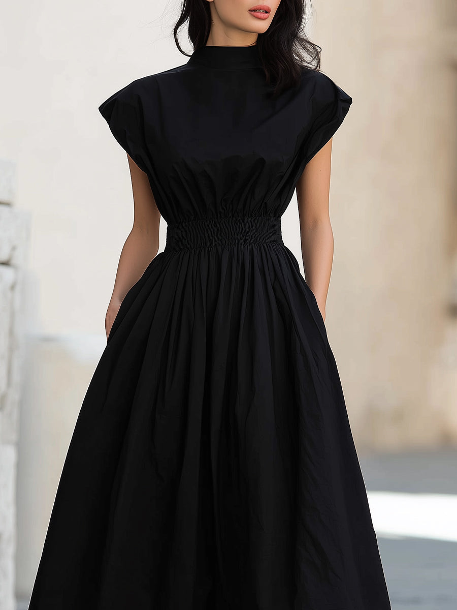 High Neck Smocked Waist Midi Dress