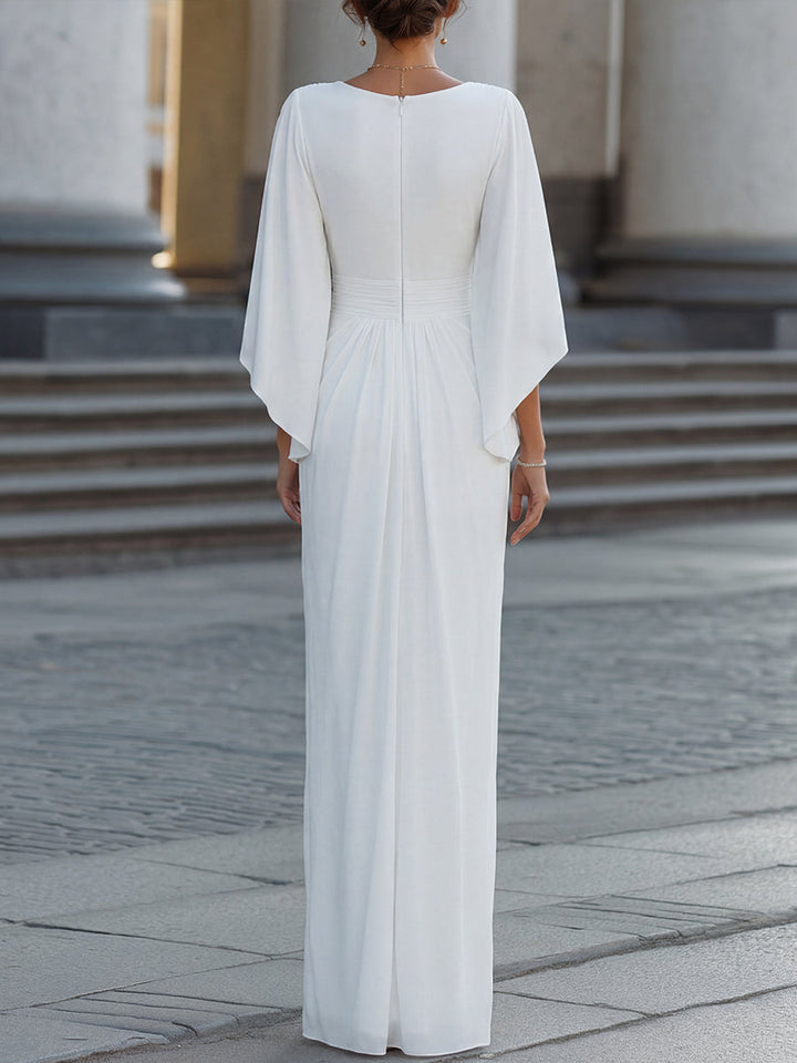 Plunging V-Neck Pleated Ruched Cape Sleeve Maxi Dress