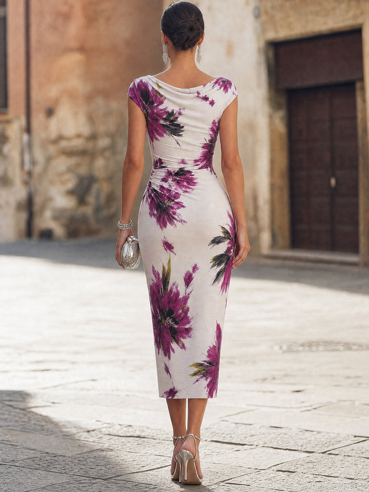Draped Cowl Cap Sleeve Large Purple Flower Print Midi Dress