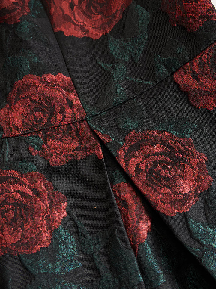Elegant Jacquard Rose Print Midi Dress