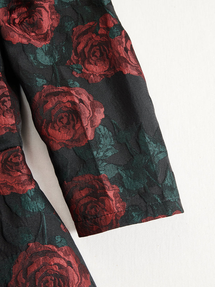 Elegant Jacquard Rose Print Midi Dress