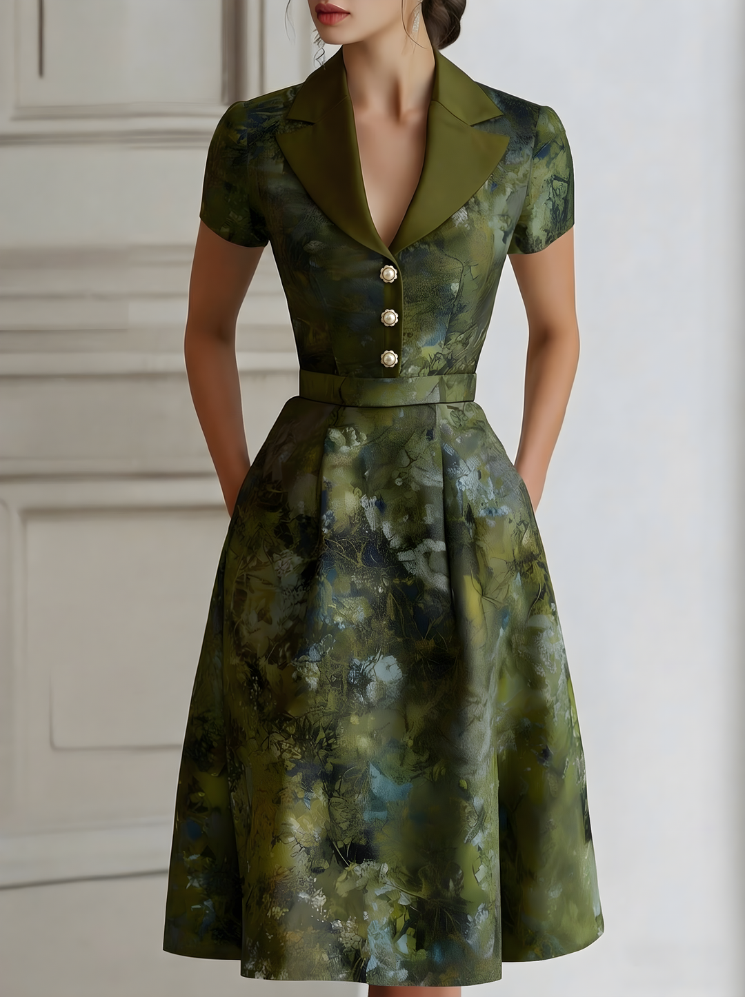 Floral Lapel Short Sleeve Midi Dress With Tailored Waist