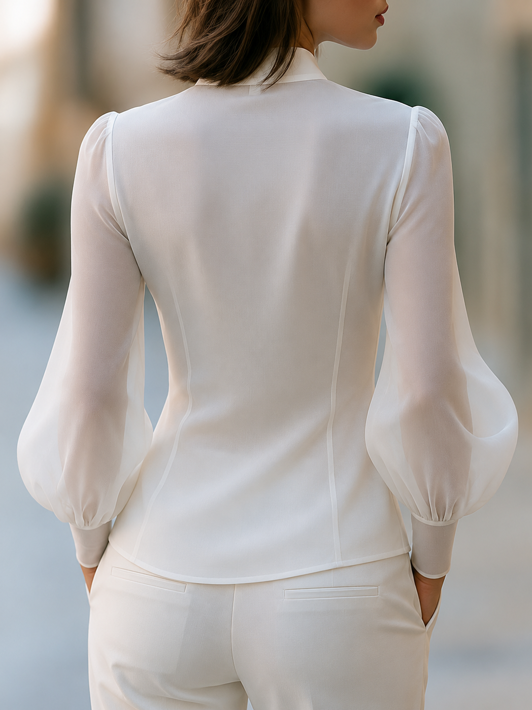 Mandarin Collar Wrap Front Sheer Sleeve Blouse