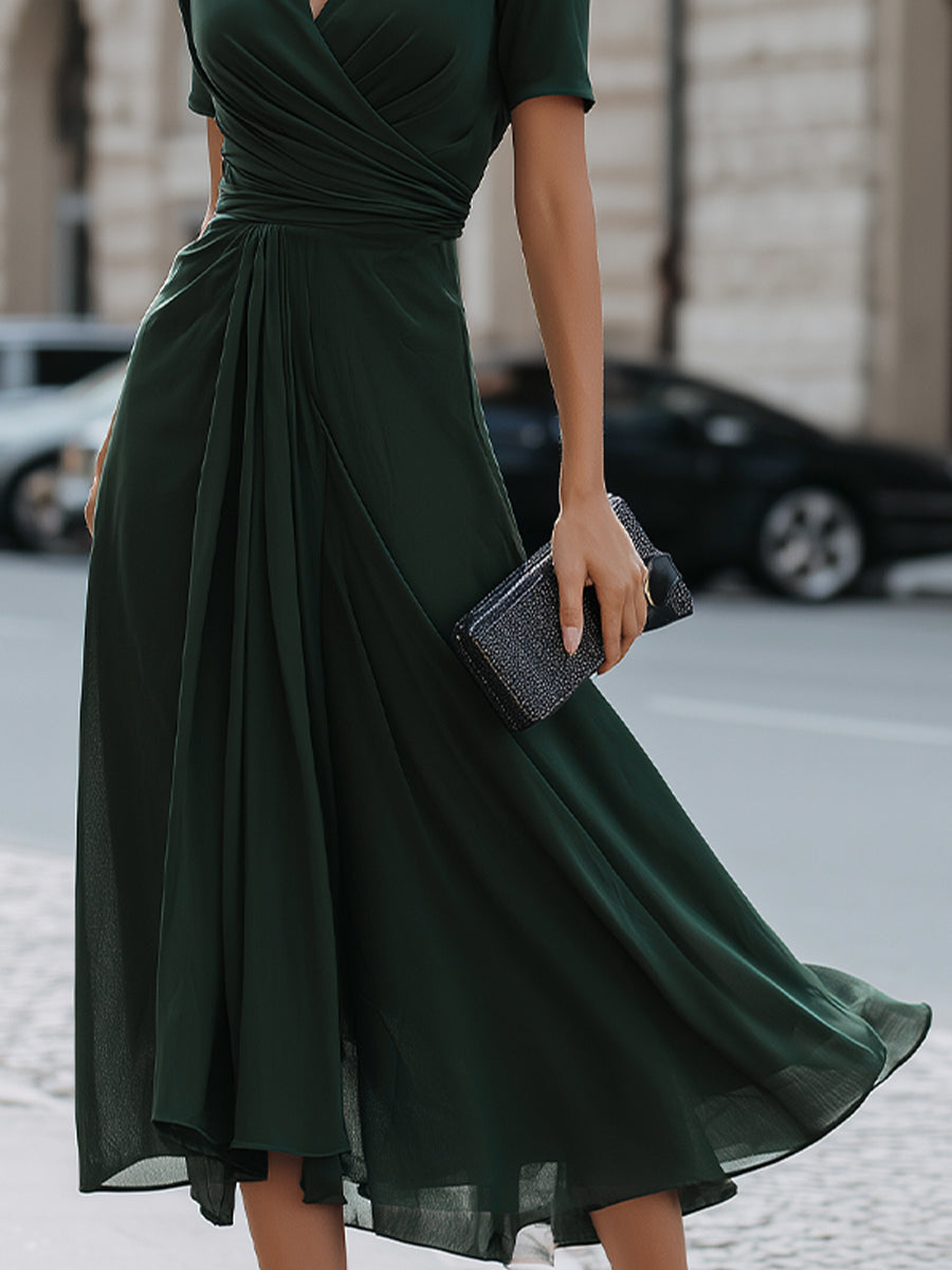 V-Neck Wrap-Style Midi Dress With Waist Draping Detail