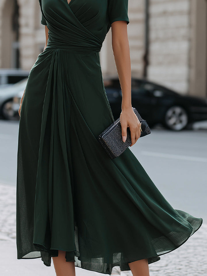 V-Neck Wrap-Style Midi Dress With Waist Draping Detail