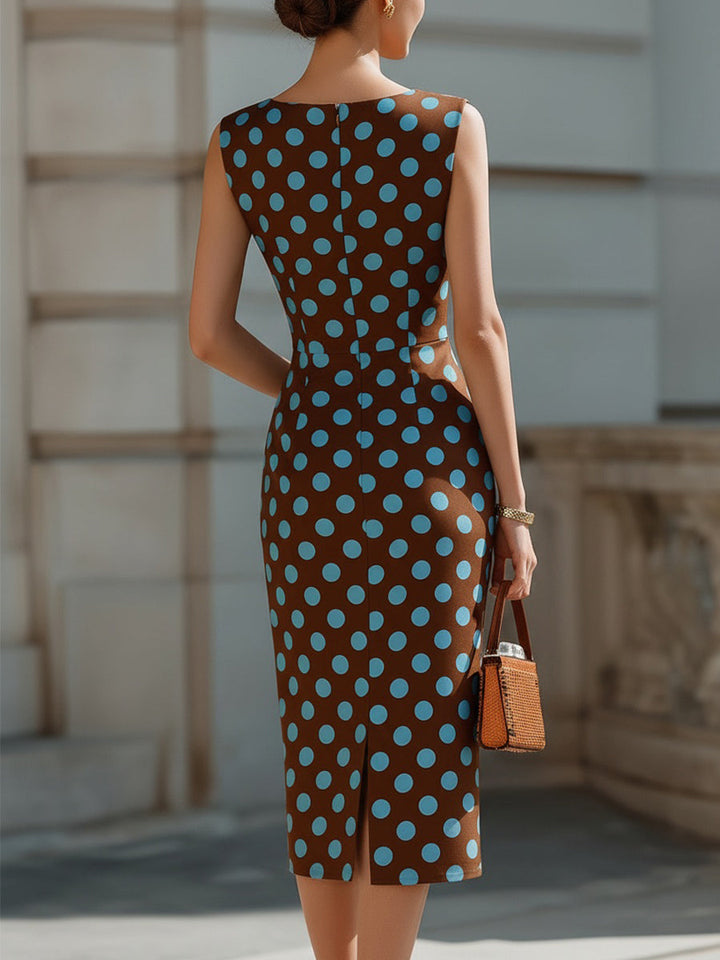 Brown & Light Blue Polka Dot Sleeveless Sheath Midi Dress