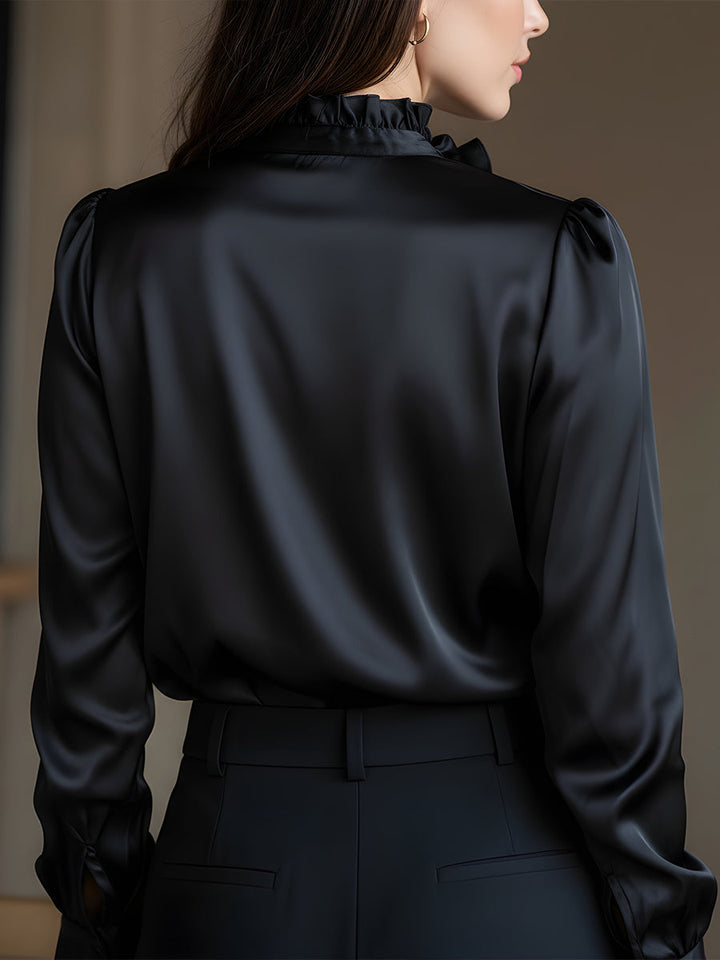 Black Satin Ruffled V-Neck Long Sleeve Blouse