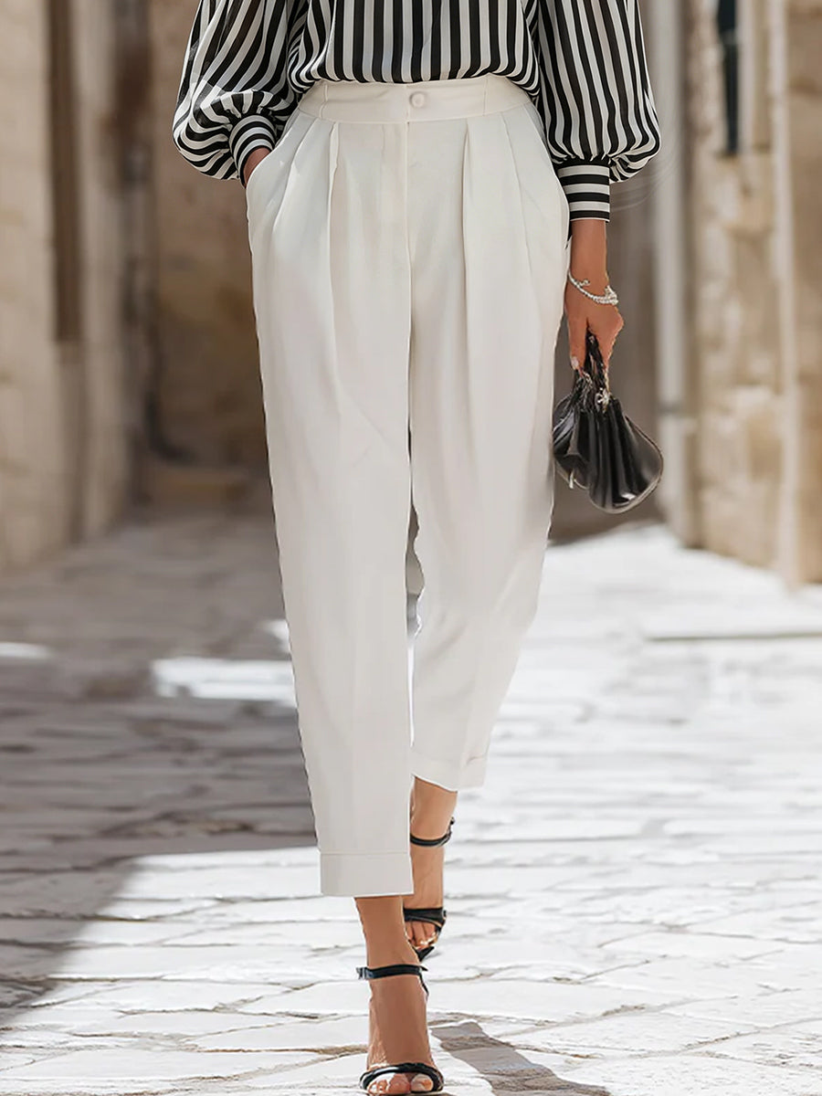 Chic Off-the-Shoulder Striped Blouse & High-Waisted Tailored Trousers Set