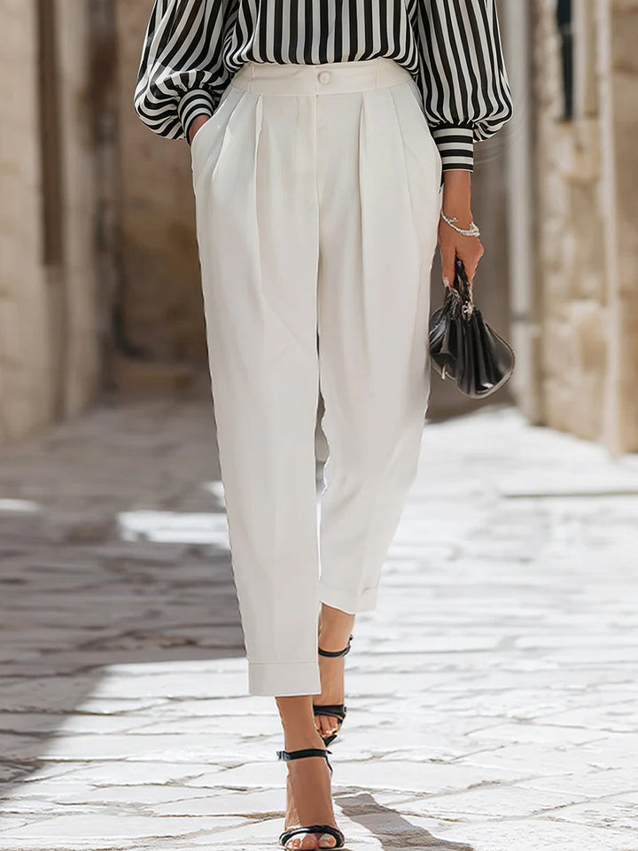 Chic Off-the-Shoulder Striped Blouse & High-Waisted Tailored Trousers Set