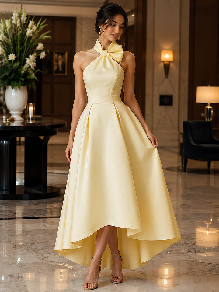 Halter Neck Bow Detail High-Low A-Line Maxi Dress
