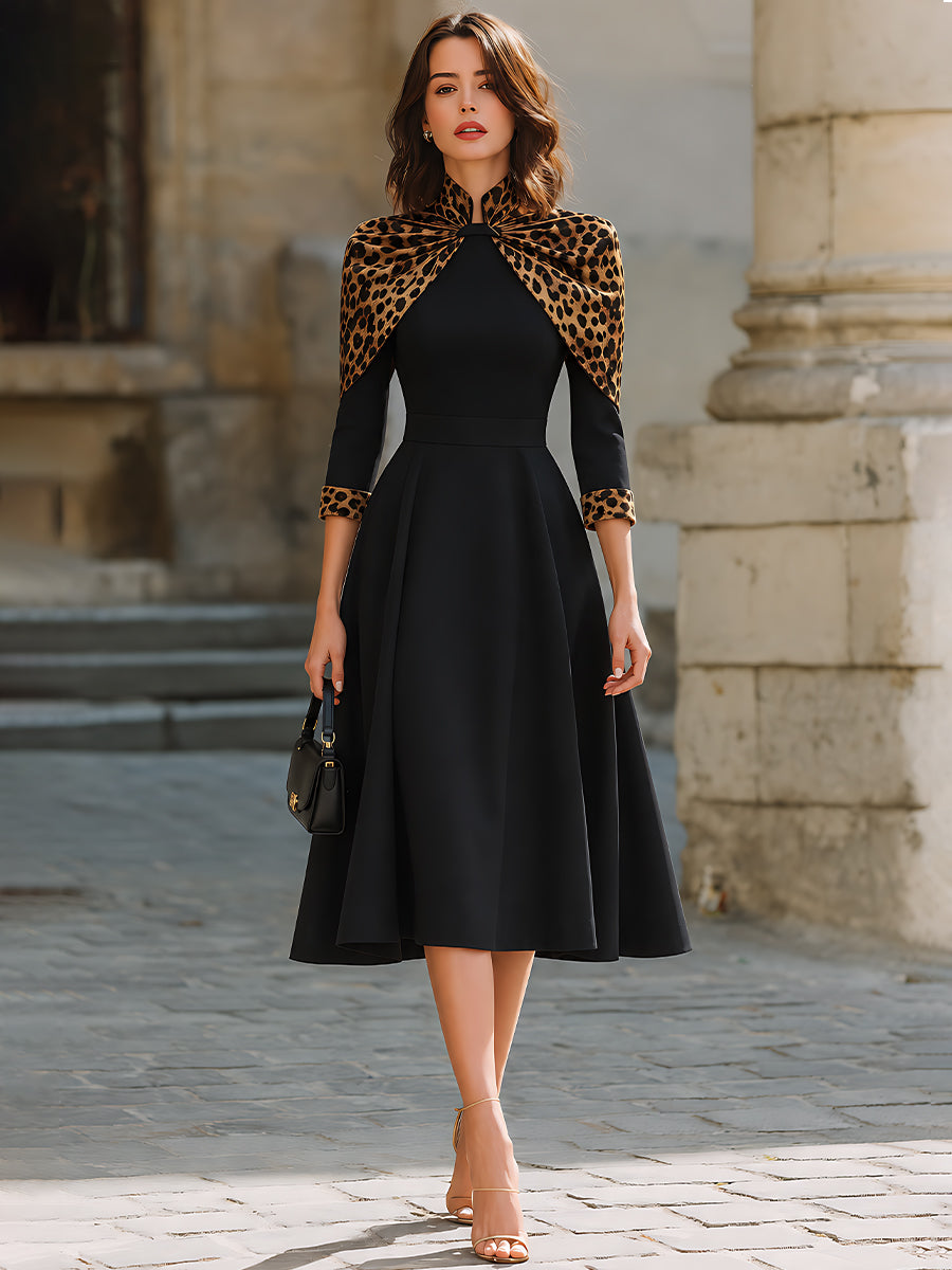 Leopard-Print Cape Detail A-Line Midi Dress