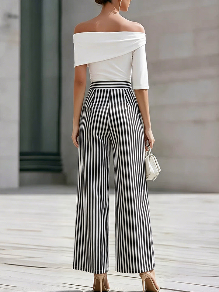 Off-Shoulder Draped Top And Striped Wide-Leg Pants Set