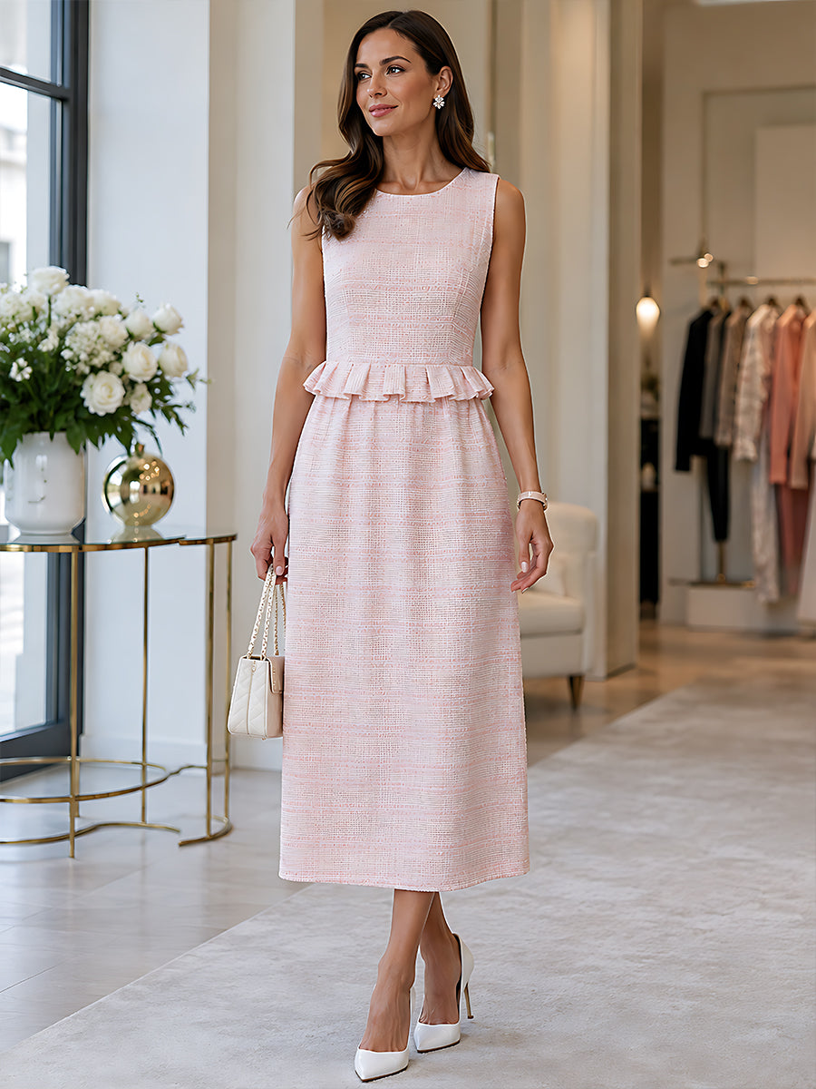 Elegant Pink Tweed Sleeveless Midi Dress