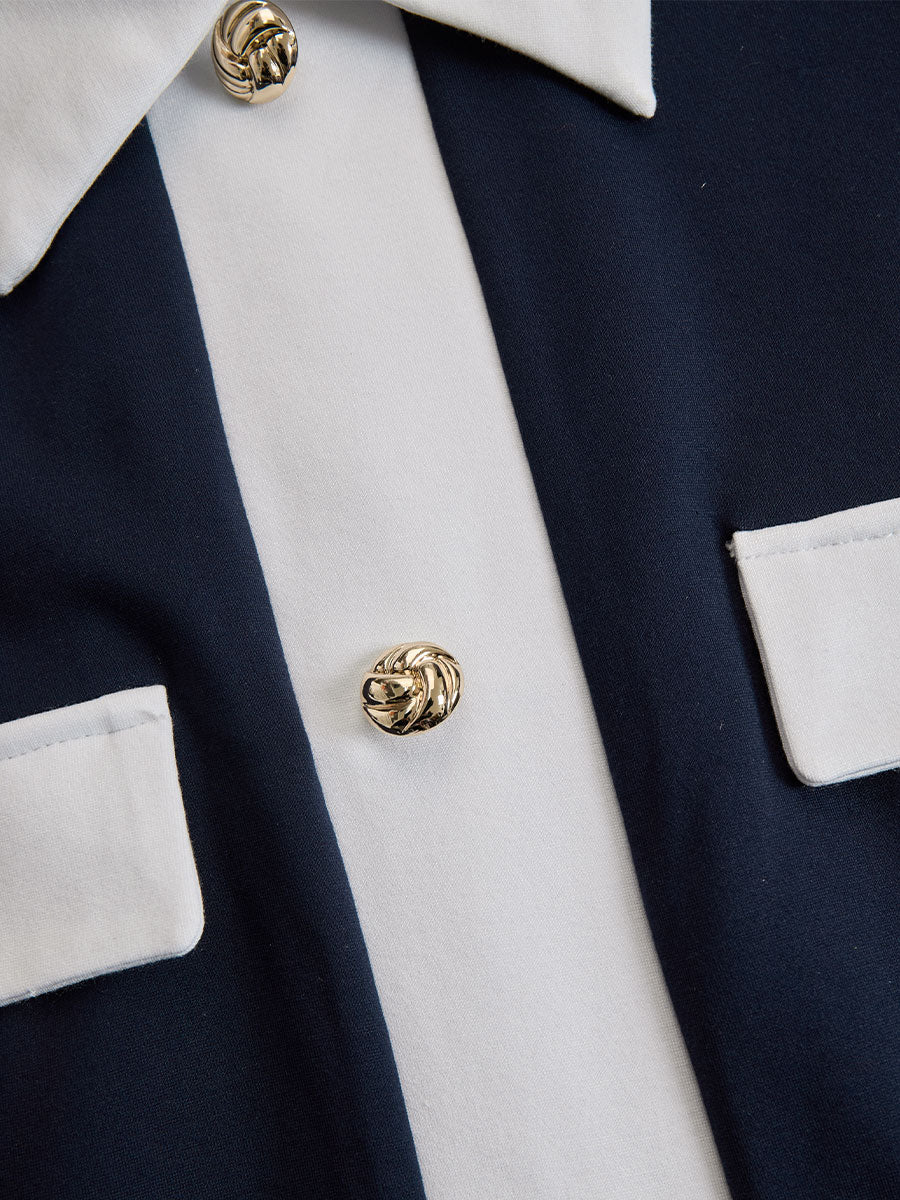 Elegant Navy & White Contrast Button-Up Midi Dress