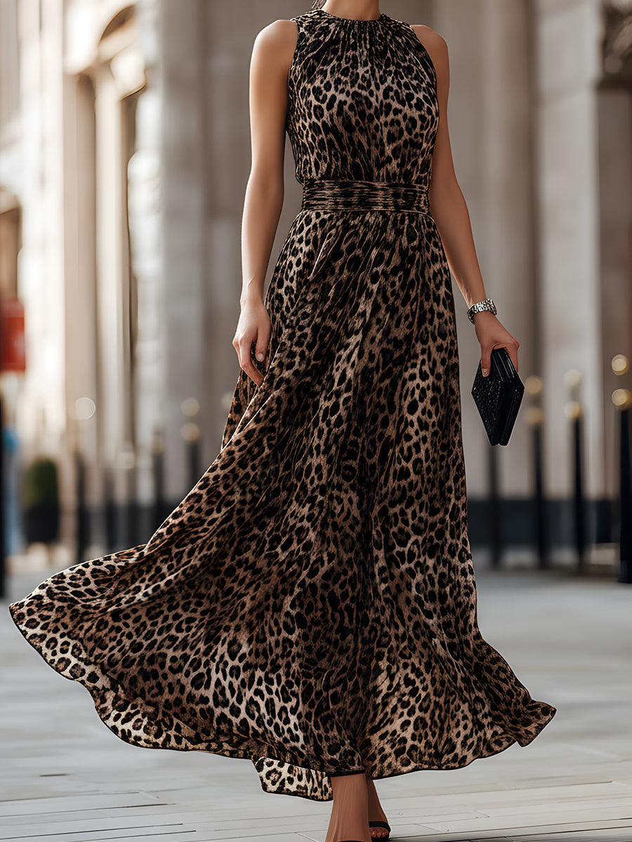 Sleeveless Leopard Print Flowing Maxi Dress