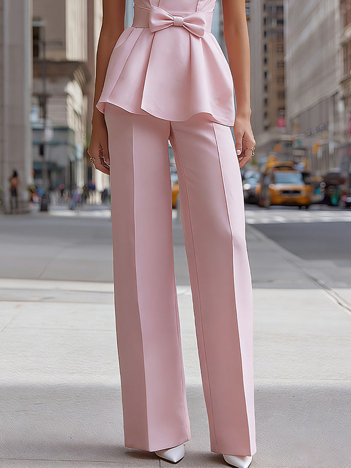 Strapless Peplum Bow Top And Tailored Wide-Leg Pants Set