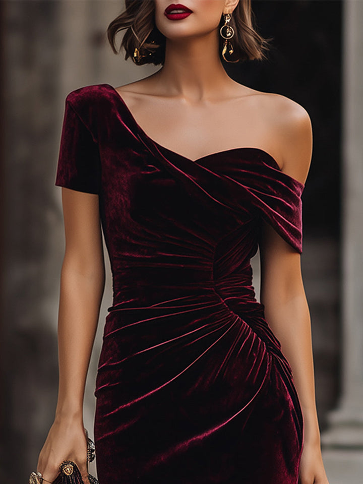 Midnight Asymmetrical Velvet Midi Dress