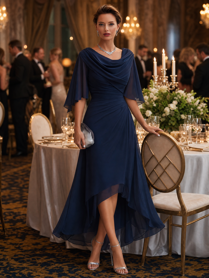 Cowl Drape Neck Ruched High Low Midi Dress