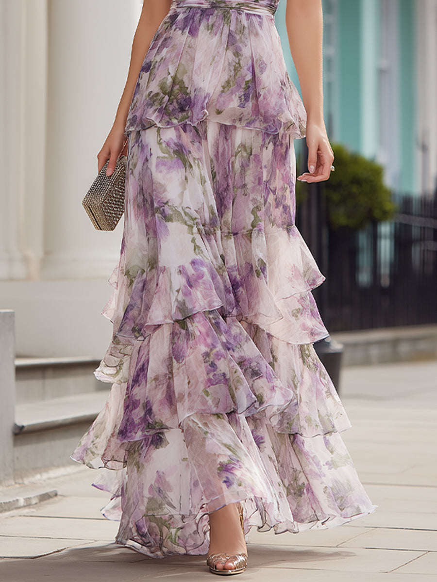 Cold Shoulder Floral Tiered Maxi Dress