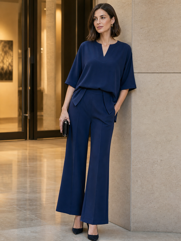 Notch V-Neck Dolman Blouse & High Waist Wide Leg Pants Two-Piece Set