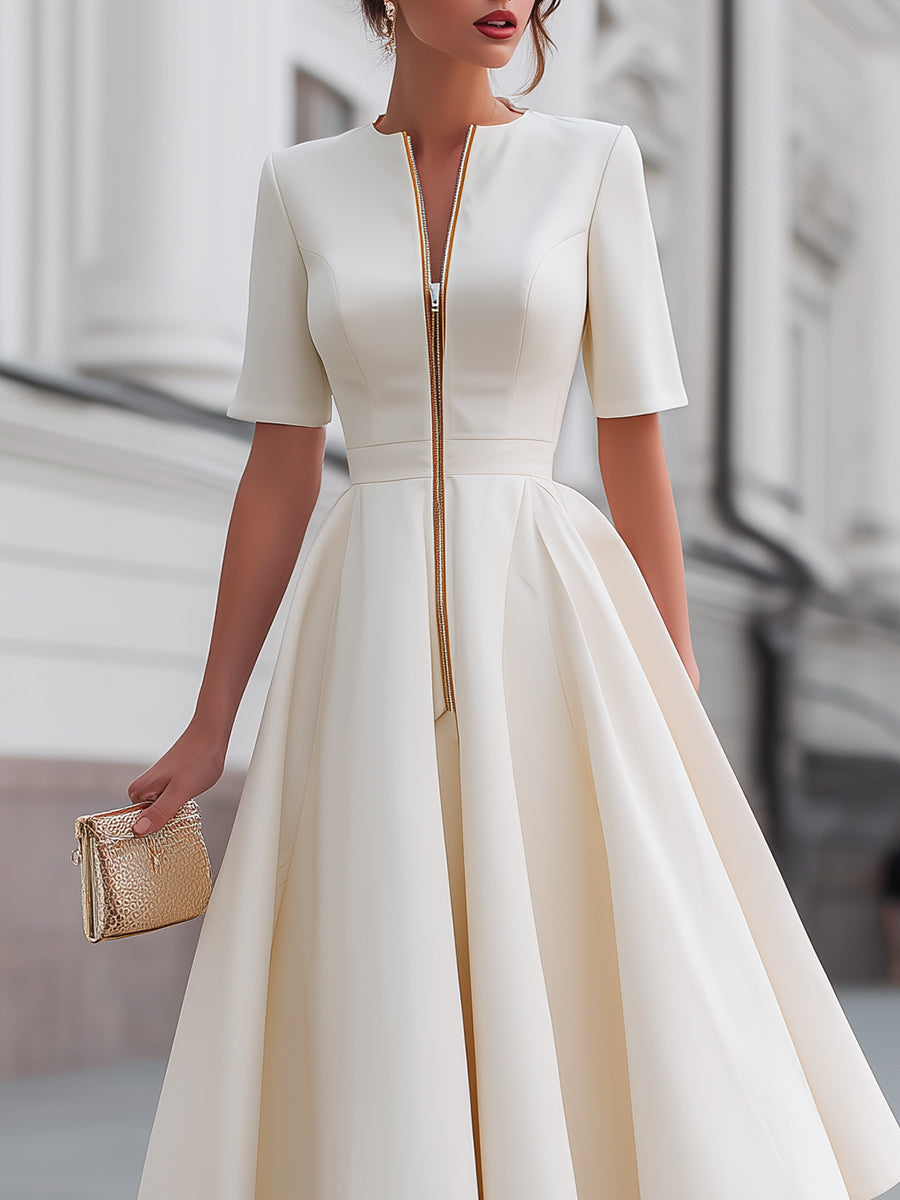 Short Sleeve Zip-Front Fit And Flare Midi Dress