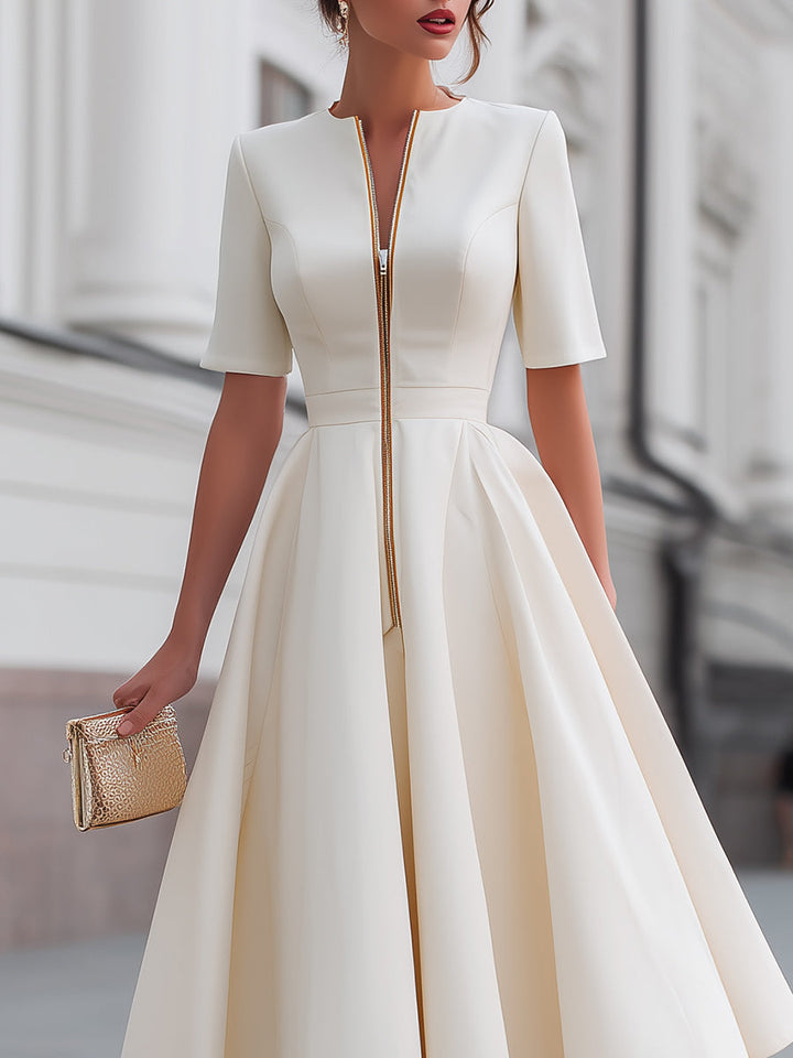 Short Sleeve Zip-Front Fit And Flare Midi Dress
