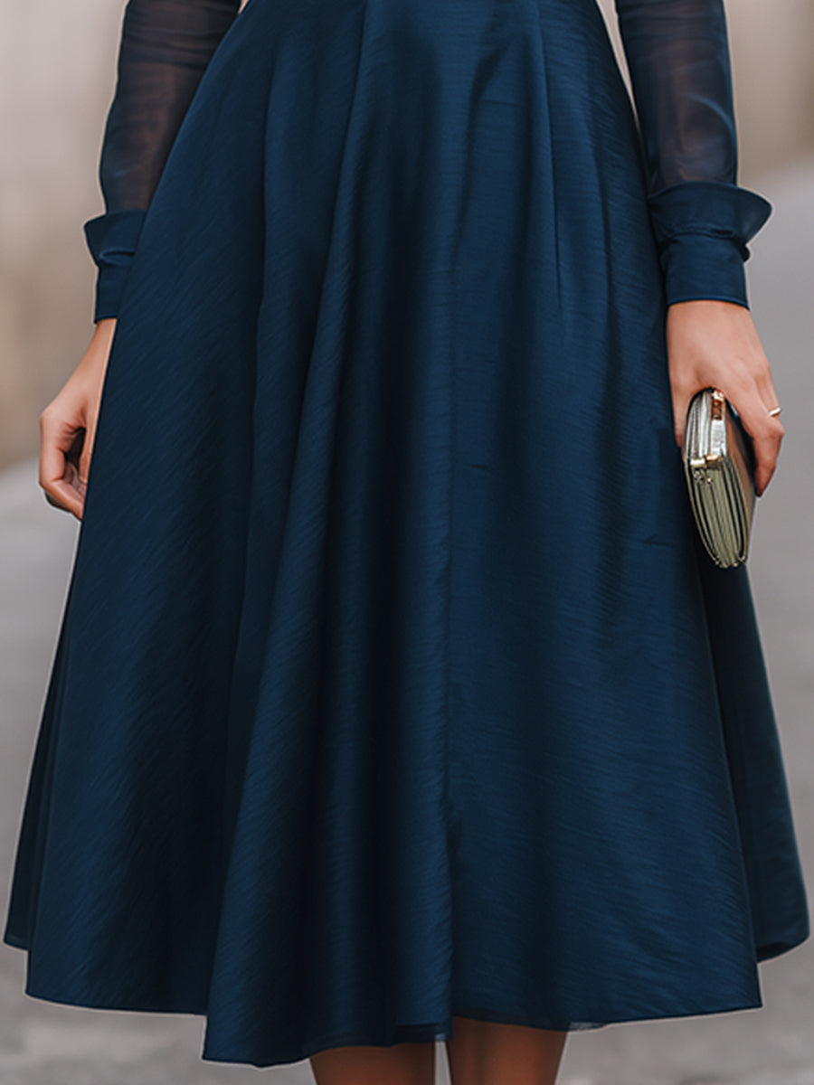 Navy Sheer-Yoke Long Sleeve A-Line Midi Dress