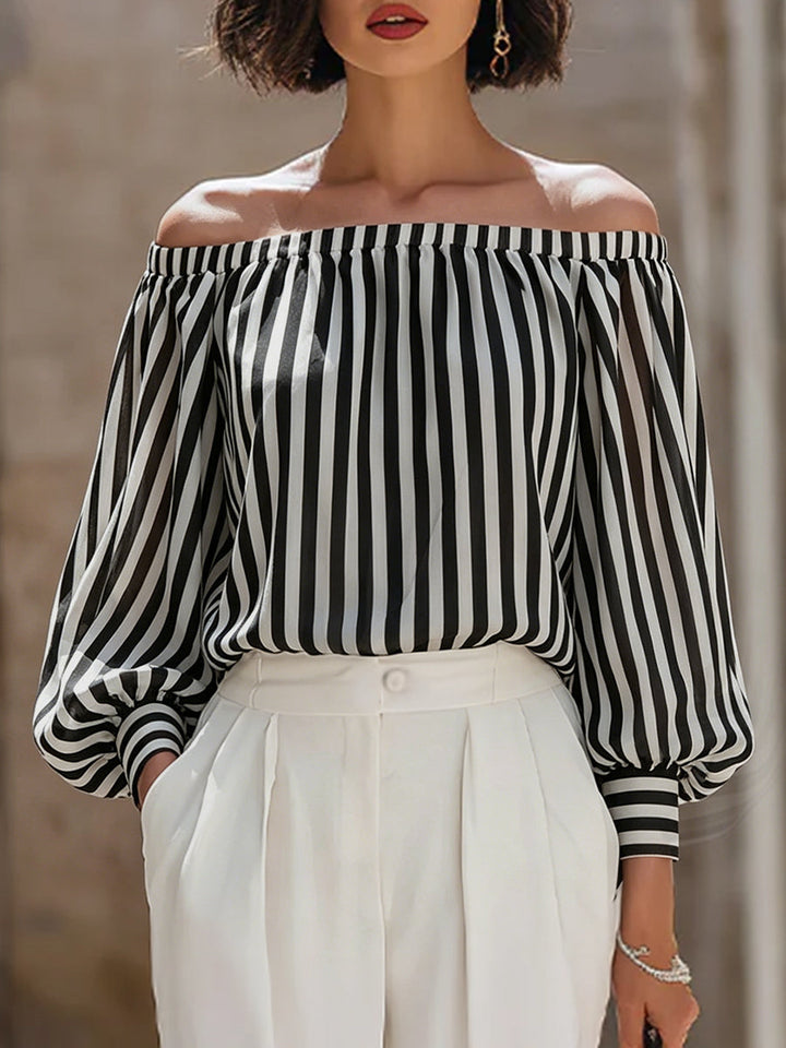 Chic Off-the-Shoulder Striped Blouse & High-Waisted Tailored Trousers Set