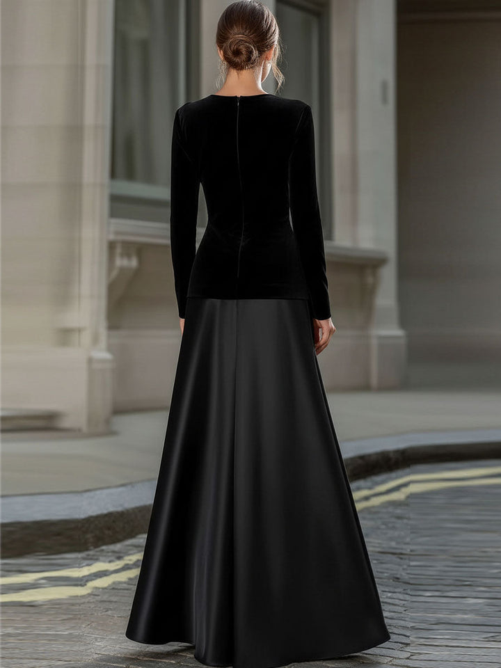 Black Velvet & Satin Long-Sleeve A-Line Evening Gown
