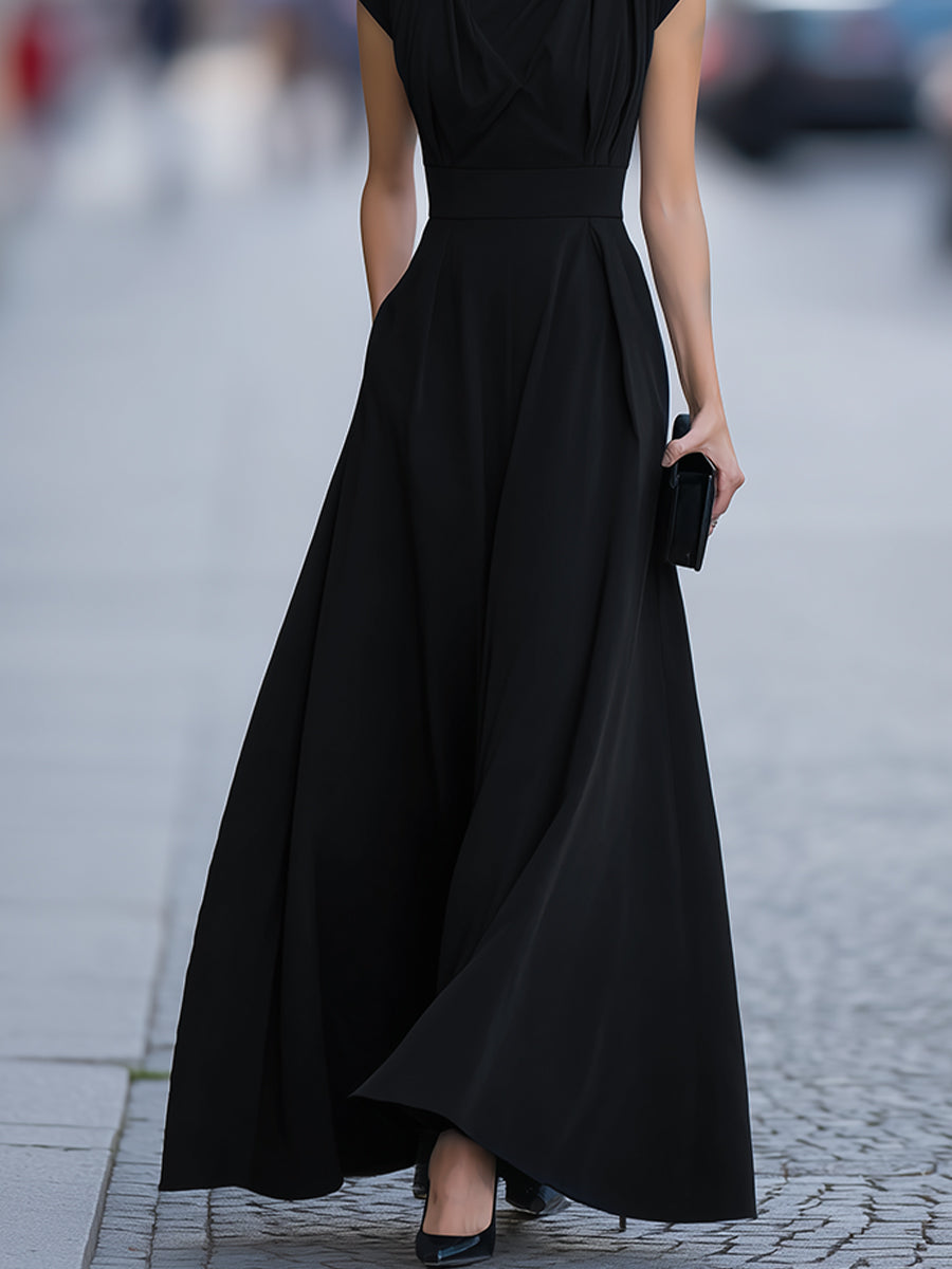 Draped Cap-Sleeve Maxi Dress With Defined Waist