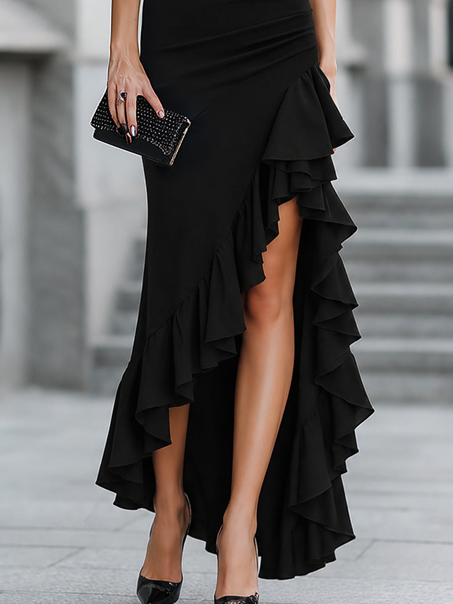 Asymmetric One-Shoulder Ruffle Slit Evening Dress